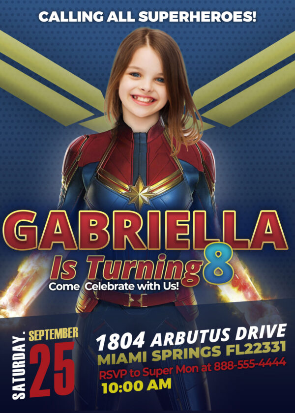 Captain Marvel Birthday Invitation, Avenger Costume