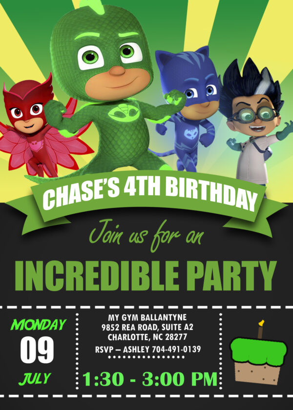 Green Gekko Pj Masks Birthday Invitation