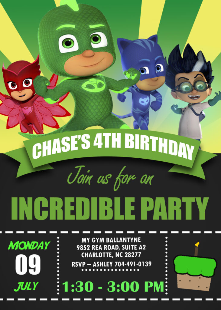 Pj Masks Geko Birthday Invitation template