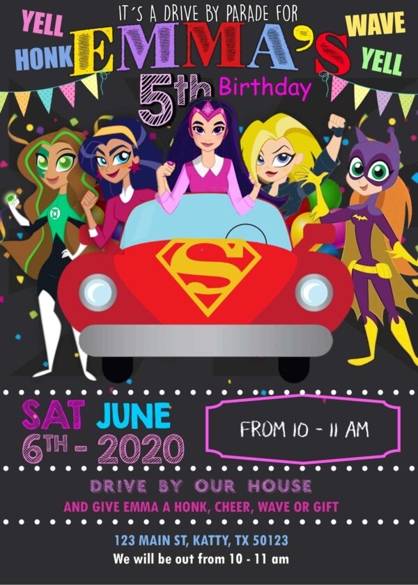 Powerful Superhero Girls Drive By Parade Birthday Invitation