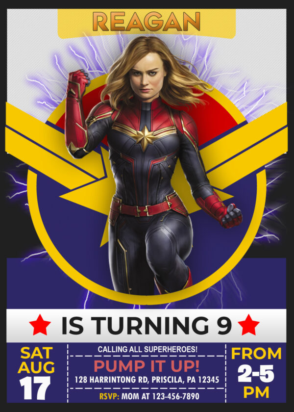 Captain Marvel Birthday Invitation.