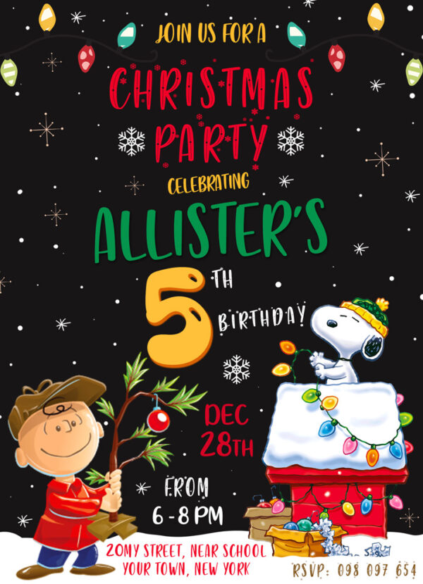 Awesome Charlie Brown Christmas Party Birthday Invitation