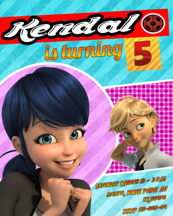 MARINETTE AND ADRIEN FROM LADY BUG BIRTHDAY INVITATION