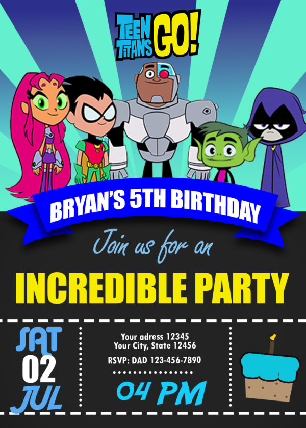 Teen Titans Go Blue Background Birthday Invitation