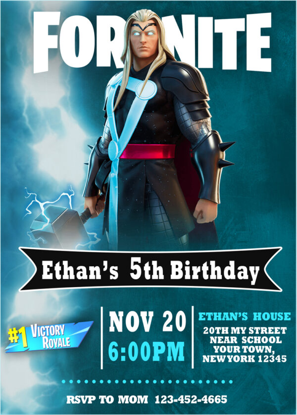 Awesome Fortnite Thor Skin Birthday Invitation