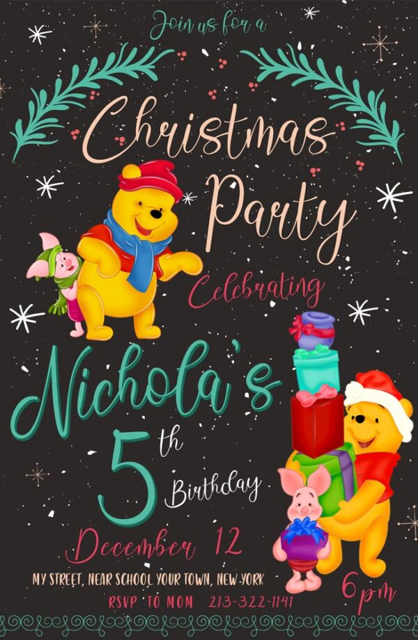 Fantastic Winnie The Pooh Christmas Party Birthday Invitation