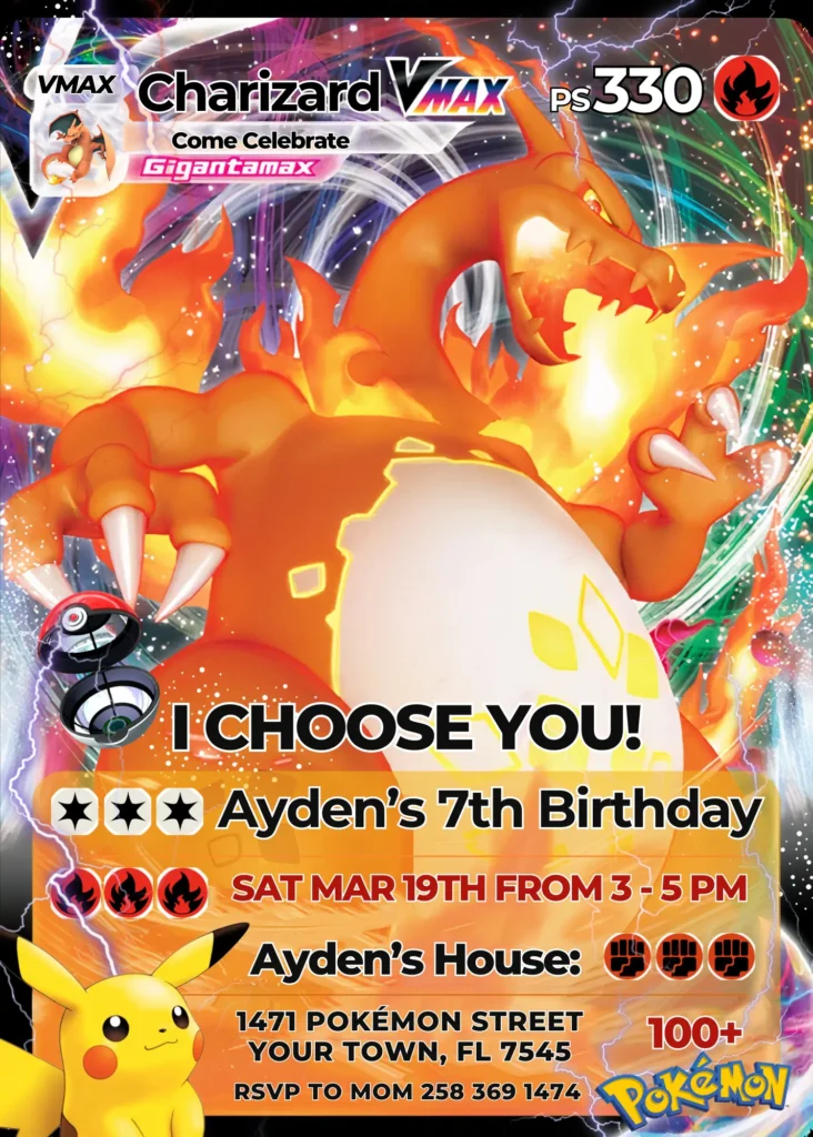 Charizard Pokémon Card Birthday Invitation template