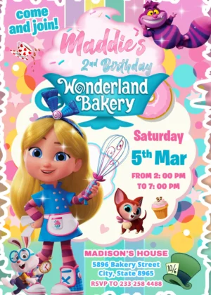 Alice's Wonderland Bakery Birthday Invitation