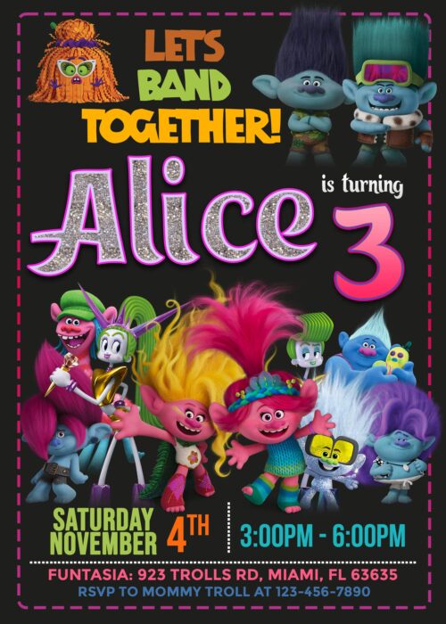 Trolls Band Together Birthday Invitation for girl