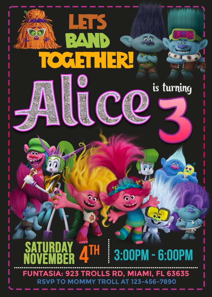 Trolls Band Together Birthday Invitation for girl