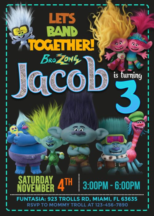 trolls band together birthday invitation for boy