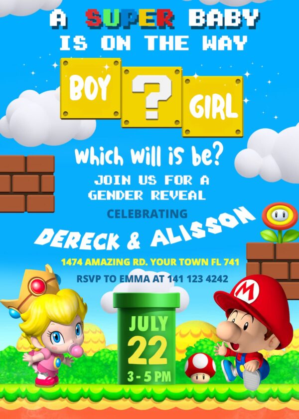 Super Mario or Princess Peach gender reveal invitation