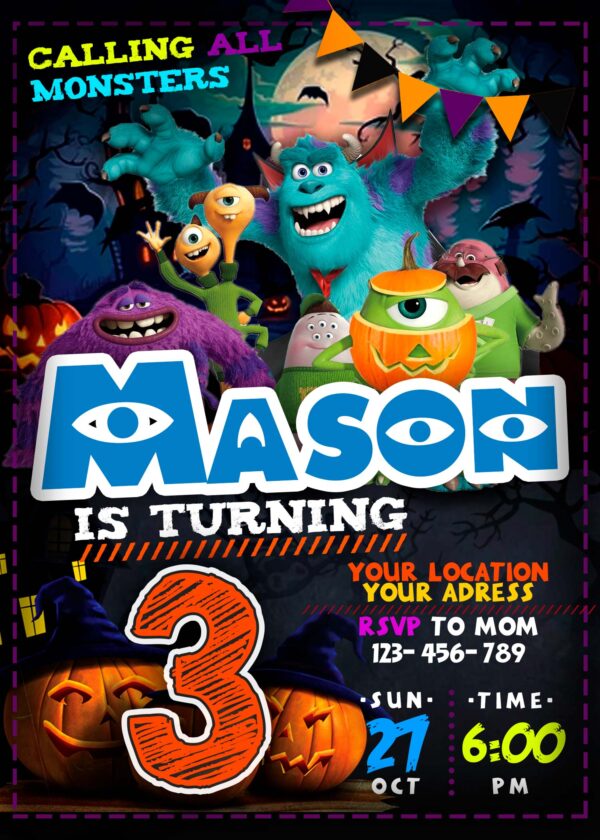 Monsters Inc Halloween Birthday Party invite