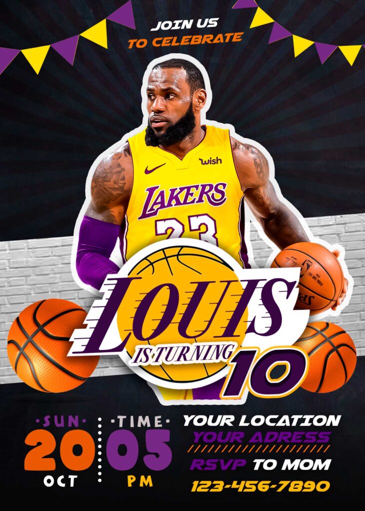 LA Lakers Lebron James Birthday Invitation