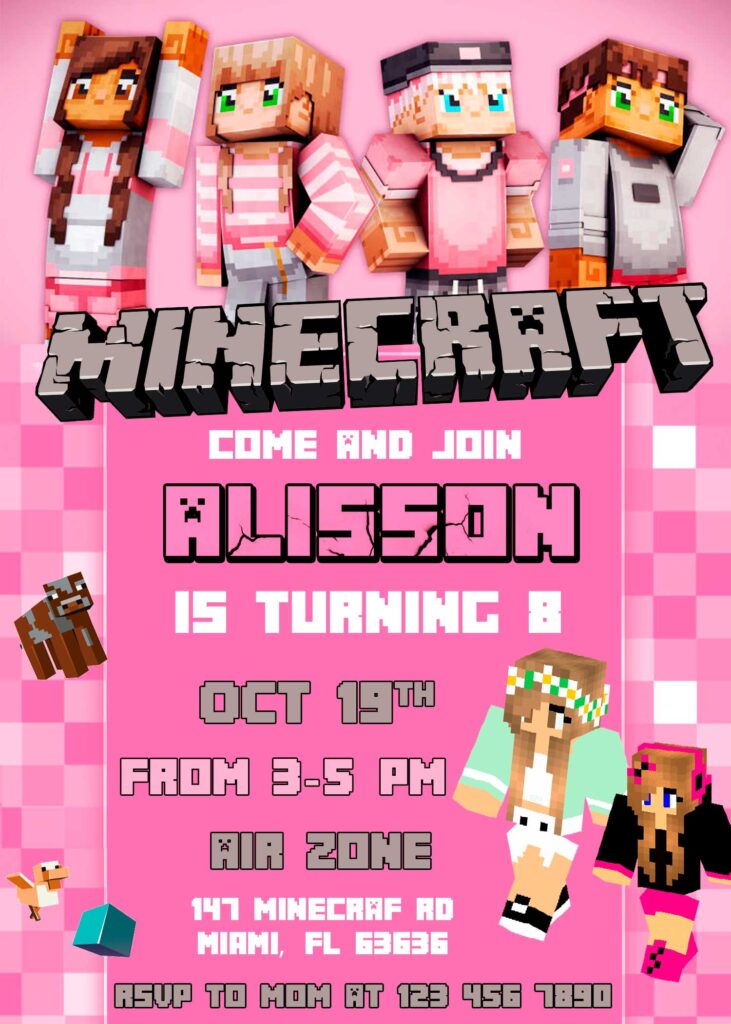 Minecraft Birthday Invite for Girl