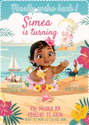 Editable Baby Moana Birthday Invitation template