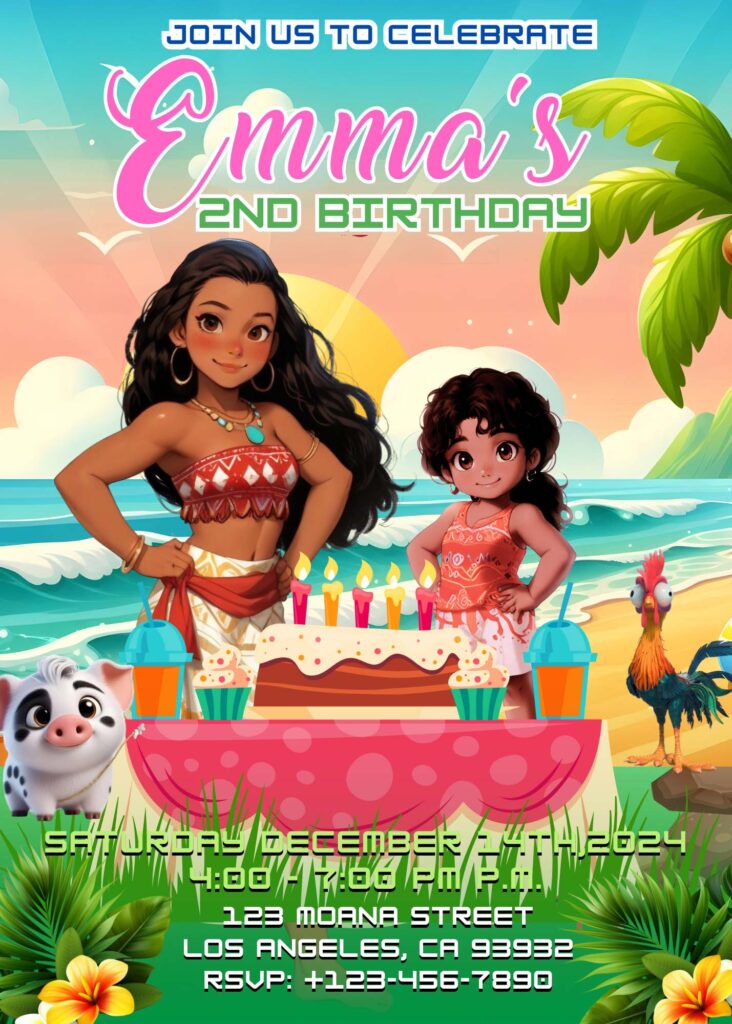 Moana 2 and sister birthday invitation template