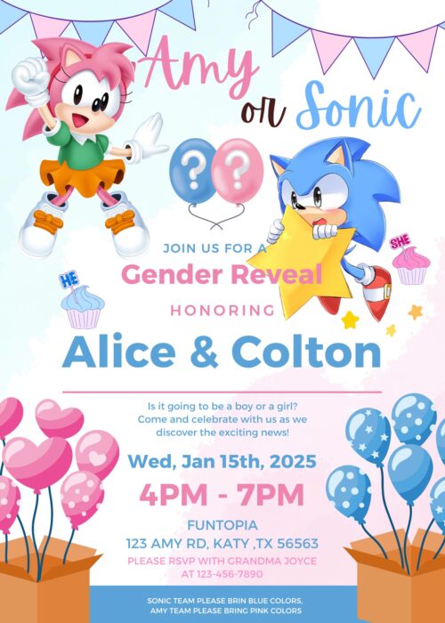 Sonic or Amy Gender Reveal Invitation