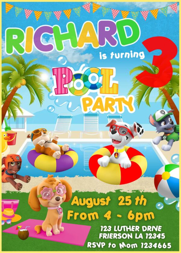 Paw patrol pool party invitation template