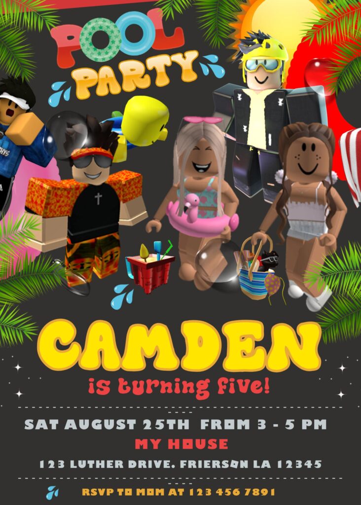 Roblox Pool Party Birthday Invitation