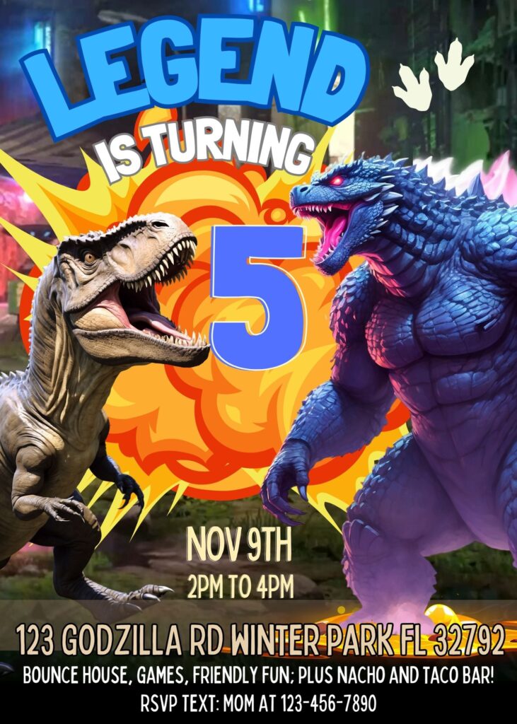 Godzilla Vs T-Rex Birthday Invitation