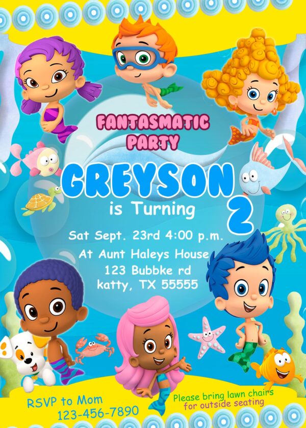 Bubble Guppies Pool Party Birthday Invitation template